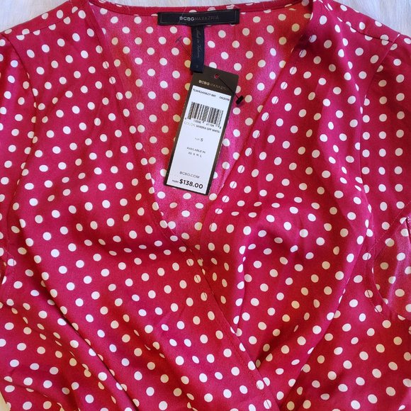 💞3 for $50💞Sangria-White Polka Dots, Cap-sleeve, Wrap Dress. BCBGMAXAZRIA - Picture 2 of 4